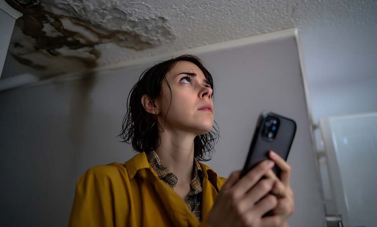 woman researching water damage restoration