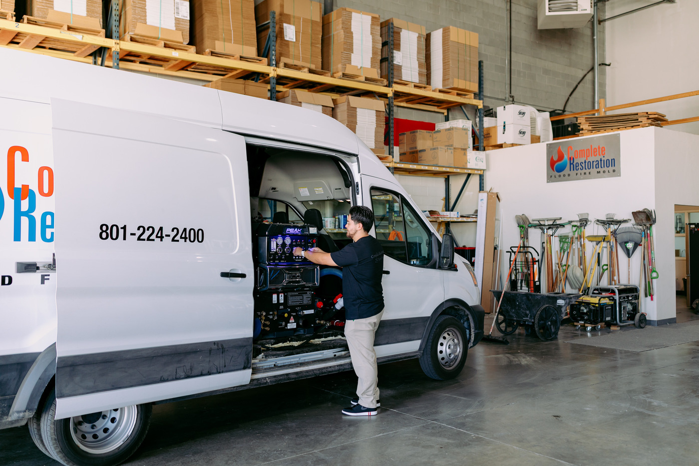 Complete Restoration warehouse staging truck-mount equipment for fire and soot cleanup